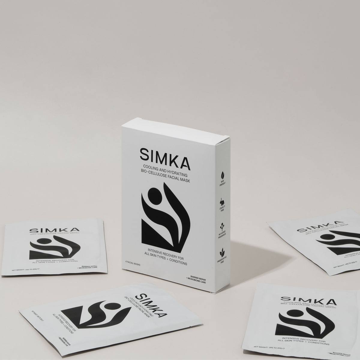 SIMKA Bio-Cellulose Facial Mask box with four individual mask sachets