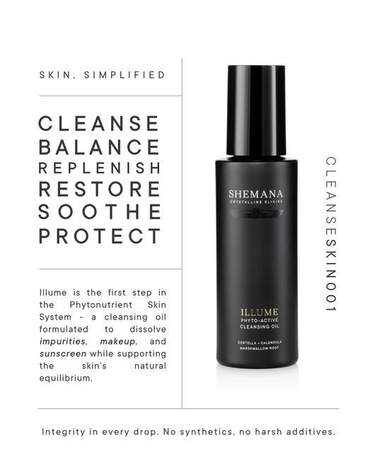 Shemana Illume Phyto-active Cleansing Oil benefits and ingredients graphic